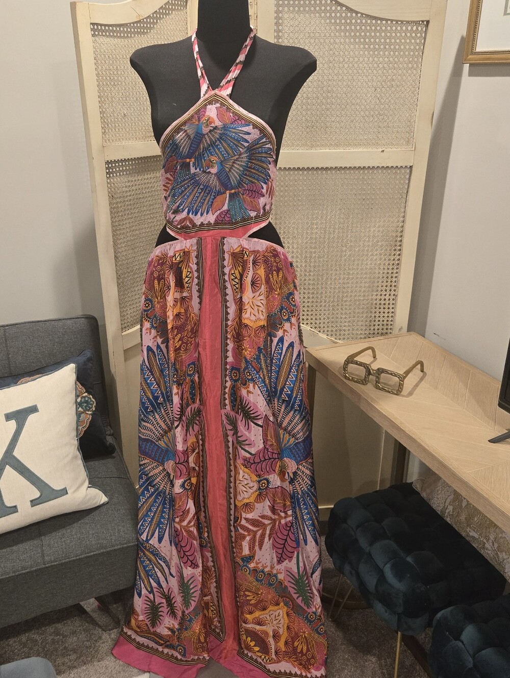 Farm Rio Pink Boho Halter Maxi Dress with Tropical Print